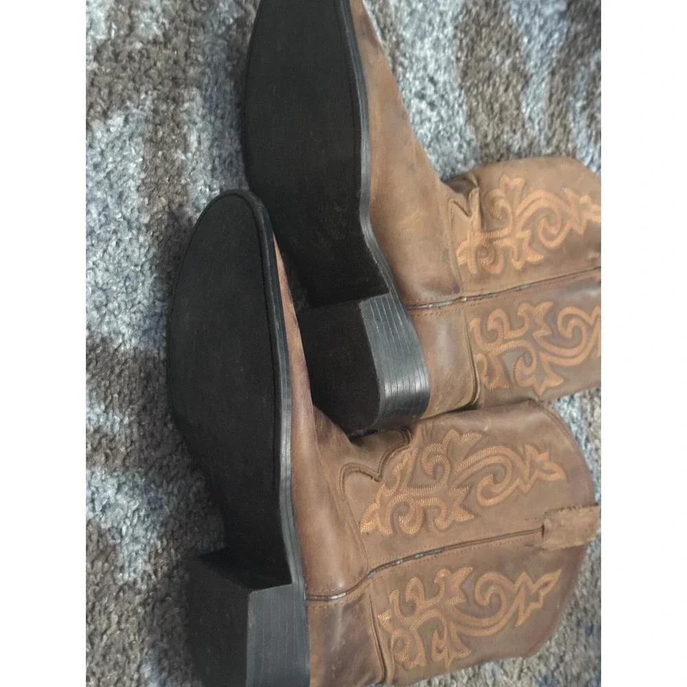 Cowboy Western Boots Embroidered Leather Pull On Brown Boots